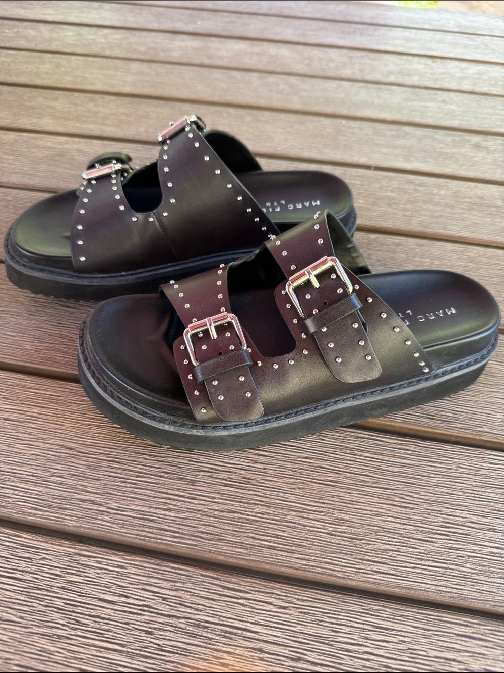 Marc Fisher Black Studded Double-Buckle Slide Sandals